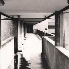 Puddle on walkway, Broomhall Flats. May 1978 | Photo: Tony Allwright