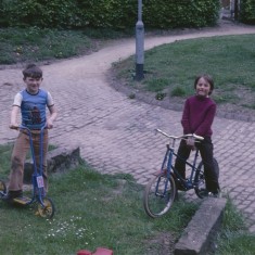 Two boys, scooter and bike, Broomhall Flats. July 1978 | Photo: Tony Allwright