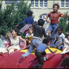 Children on bouncy castle, Fun Day, Broomhall Flats. July 1978 | Photo: Tony Allwright