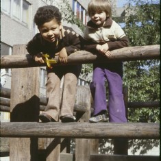 Two boys on play frame, Petre Row. September 1979 | Photo: Tony Allwright