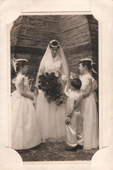 Bride Norma Crookes with her bridesmaids, St Silas Church. 5th October 1957 | Photo: Norma Crookes