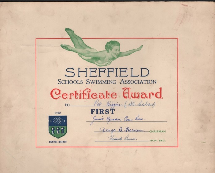 Swimming certificate awarded to Pat Higgins, 1948. | Photo: Pat Wetherill