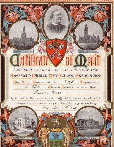 Robert Wass School Attendance Certificate, St Silas School. 1899 | Photo: Peter Armitage