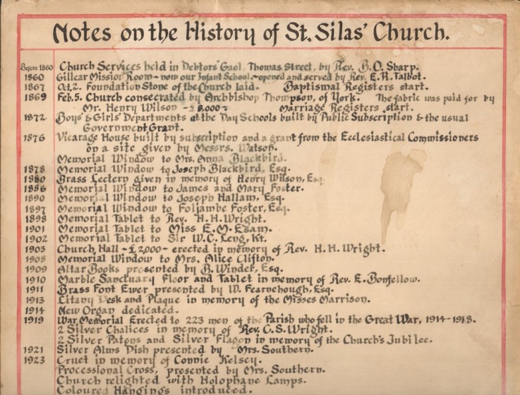 Historical events in the life of St Silas church