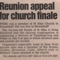 Newspaper cutting reunion appeal for the St Silas Church finale. Late 1990s | Photo: Audrey Russell
