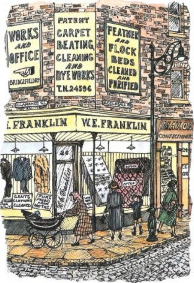 Illustration of W.E. Franklin Store on the corner of Clarence Street and Ecclesall Road taken from 