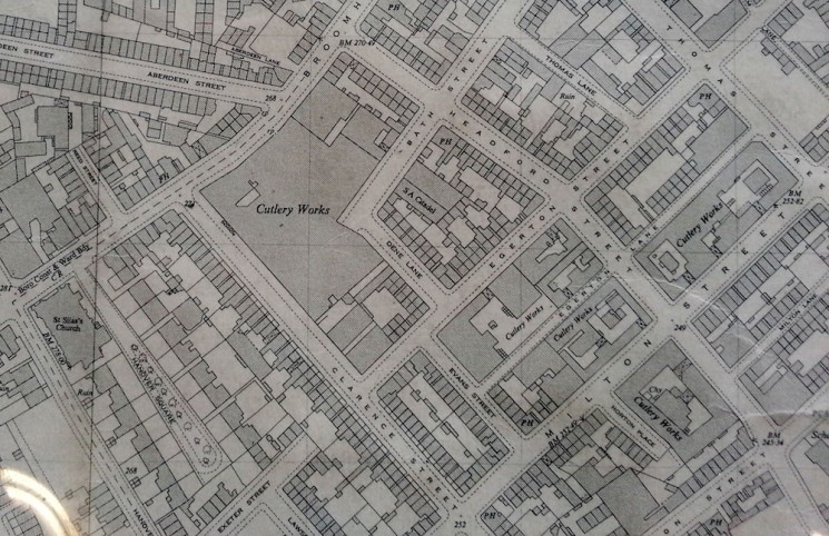 Old map of the cutlery area; Brian's workshop is in the Behhive Works, one of the 'Cutlery Works'' shown on Milton Street | Photo: SALS
