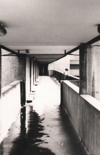 Puddle on walkway, Broomhall Flats. May 1978 | Photo: Tony Allwright