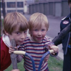 Two boys and a scooter, Broomhall Flats. July 1978 | Photo: Tony Allwright