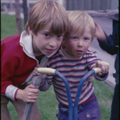 Two boys and a scooter, Broomhall Flats. July 1978 | Photo: Tony Allwright