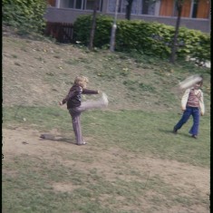 Boy kicking ball, Broomhall Flats. July 1978 | Photo: Tony Allwright