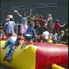 Fun day bouncy castle, Broomhall Flats. July 1978 | Photo: Tony Allwright