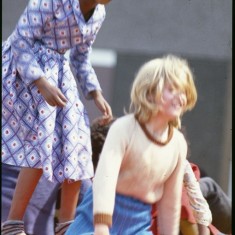 Girls on bouncy castle, Fun Day, Broomhall Flats. July 1978 | Photo: Tony Allwright