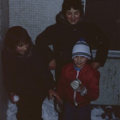 Three boys with snow, Broomhall Flats. February 1979 | Photo: Tony Allwright