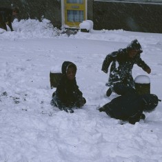 Three lads in the snow, Broomhall Flats. March 1979 | Photo: Tony Allwright