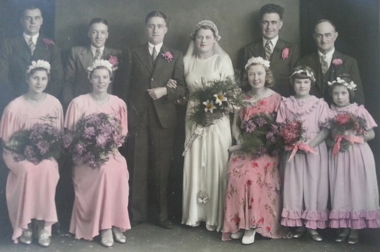 Wedding of Elsie Godley and Thomas Hall, 28th December 1935 Left to right (standing) Clifford, Eric, Thomas, Elsie, Ernest, Father Left to right (seated) Joile, Nina, Alice, Rennie, Agnes | Photo: Elsie Pix