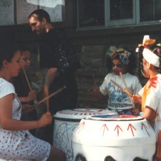 Children drumming outside Broomhall Centre, Broomhall Carnival. Date unknown. | Photo: Broomhall Centre