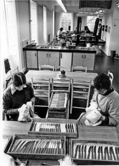 Wiping up & inspecting cutlery at 'Busex', David Mellor's firm at the Broom Hall. 1977 | Photo: SALS PSs02491 & Sheffield Newspapers