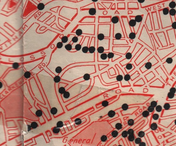 Where the bombs fell in Broomhall. 1940 | Photo: SALS Bomp map