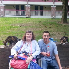 Sue and local resident, Karl outside the Hanover Flats. 2014 | Photo: Our Broomhall