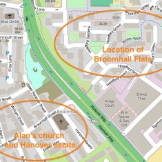 Location of Alan's church and the housing estates | Map: OpenStreetMap